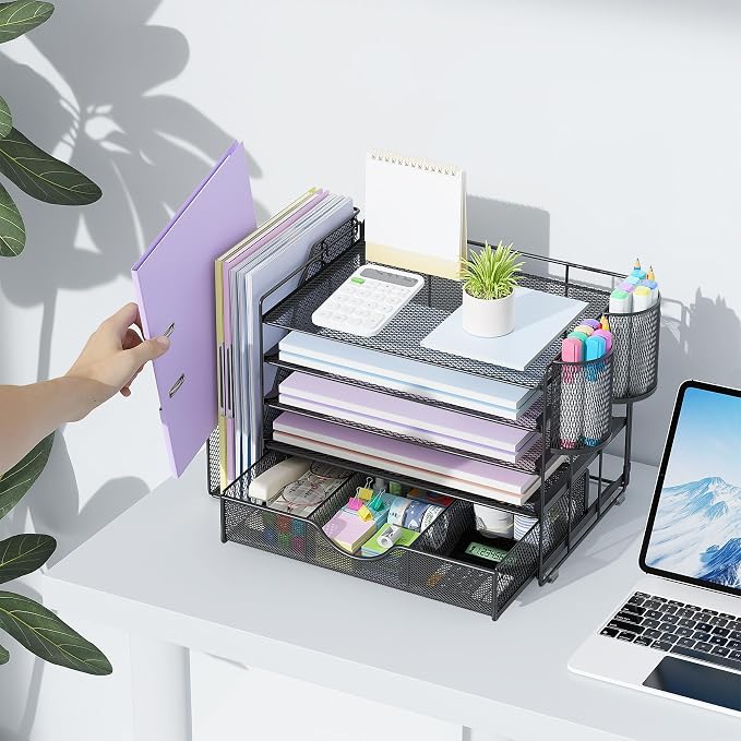 gianotter 5-Tier Desk Organizer with Drawers and File Holders | Letter Trays and Pen Holders - Workspace Accessories for Office Supplies (Black)