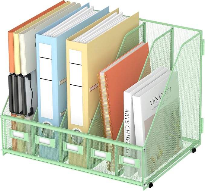Desk Organizers Metal Desk Magazine File Holder with 5 Vertical Compartments Rack File Organizer for Office Desktop, Classroom, Home Workspace, Green, Plus