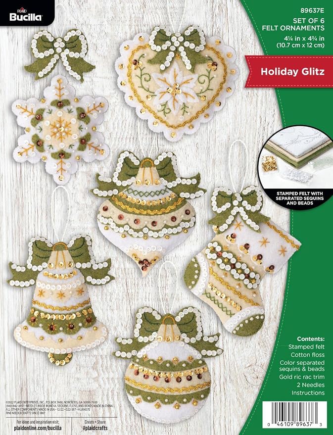Bucilla Felt Applique 6 Piece Ornament Making Kit, Holiday Glitz, Perfect for DIY Arts and Crafts, 89637E