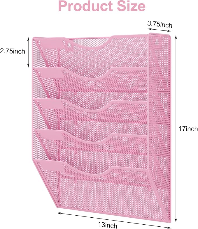 EasyPAG Wall File Organizer 5 Tier Hanging Paper Folder Holder, Zero Assembly Metal Mesh Wall Mounted Mail Organizer for Office Home Classroom Narrow Spaces, Pink