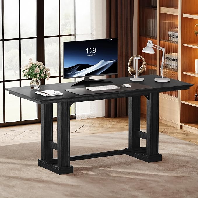 DWVO 70" Computer Desk, Farmhouse Executive Office Workstation, Black | Large desktop surface, sturdy wooden legs, modern farmhouse design, for home office writing work, easy assembly