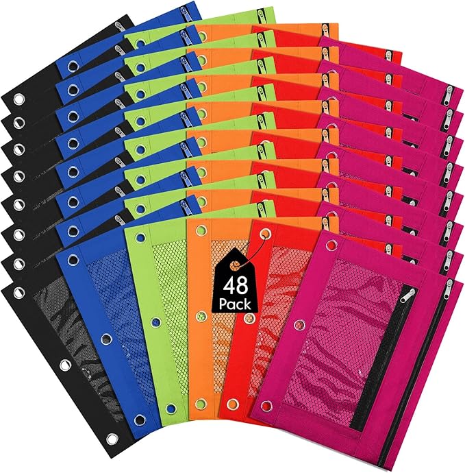 Leelosp 48 Pack Pencil Pouch for 3 Ring Binder,Bright Colors | Bulk Mesh Zipper Binder Pouches Pencil Boxes for Classroom Pencils Case Bags for Storing School Students Teacher Supplies