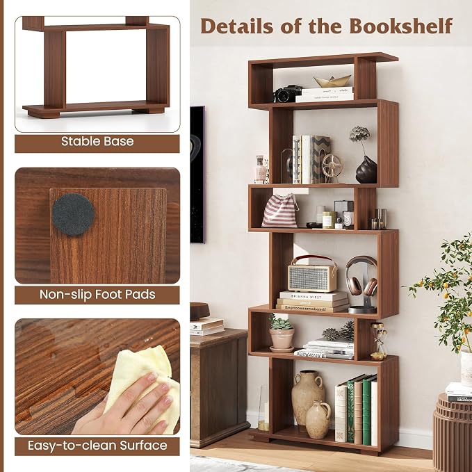 Tangkula 6-Tier S-Shaped Bookshelf, 64" Freestanding Geometric Bookcase, Home Office Wood Storage Shelf with Anti-Toppling Device, Room Divider Display Rack for Study, Living Room (2, Walnut)