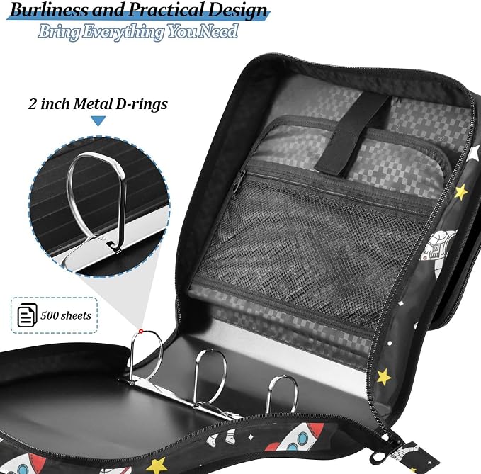 Astronaut Rocket Planet Stars 3 Ring Binder Bag 1.5 inch Binder Organizer with Zipper Shoulder Strap 500 Sheet Documents Storage for School Office