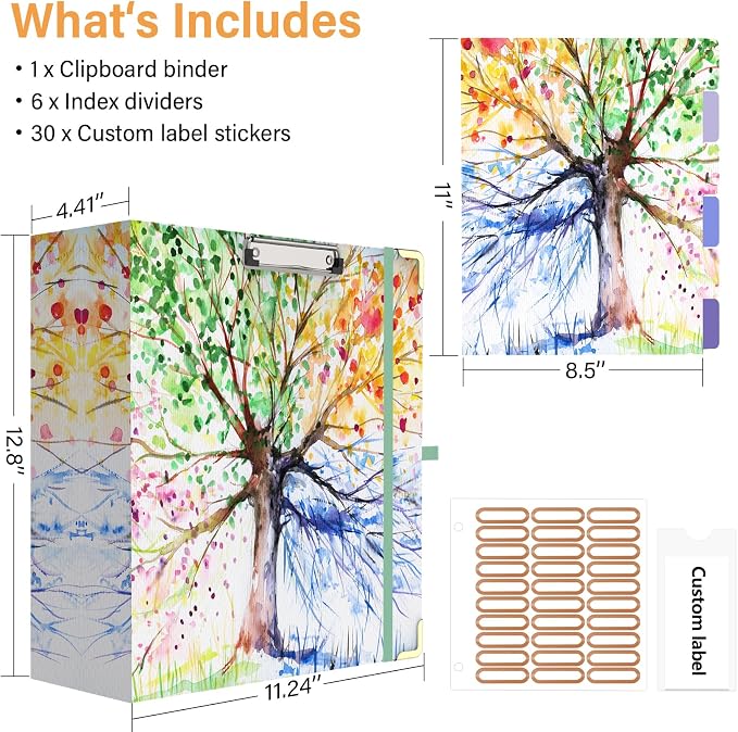 3 Ring Binder 3 Inch Ring, Three Ring Binders for Letter Size 11" x 8.5" with 6-Tab Dividers, 2 Pockets, Binder with Clip for School and Office Supplies-Tree Seasons