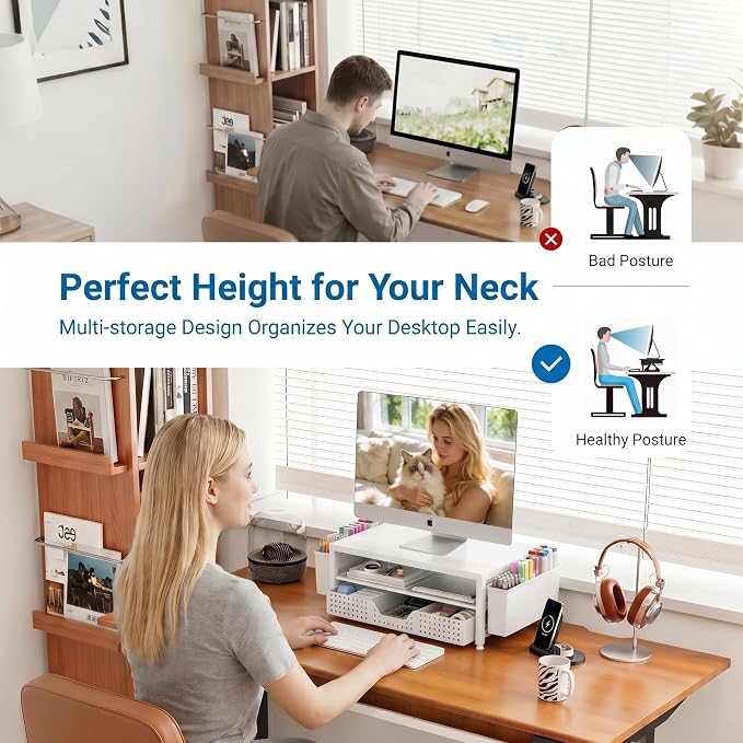 Desk Organizers and Accessories, Computer Monitor Stand Riser with Drawer and 2 Pen Holders, Printer & Laptop Stand, Office Desk Accessories & Workspace Organizers for Home Office Supplies, White