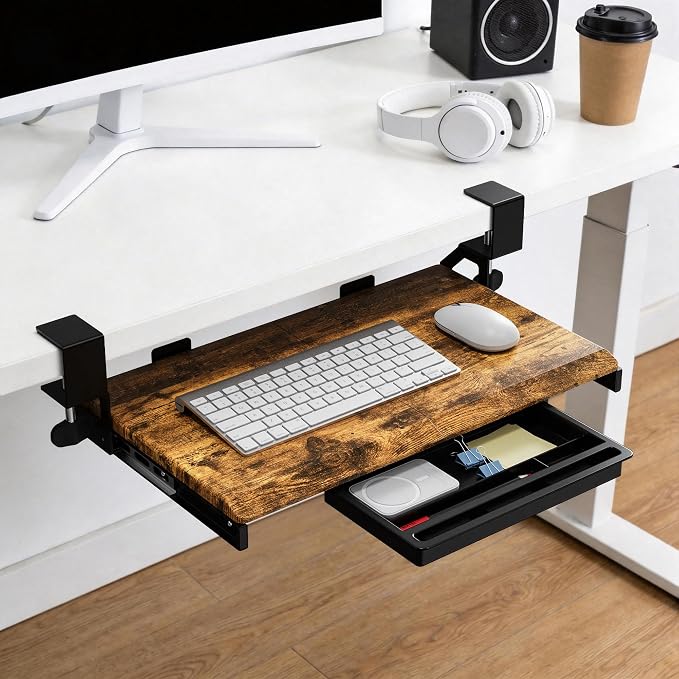 ETHU Keyboard Tray Under Desk, 19.7" X 12.2" Small Size C Clamp Keyboard Drawer Under Desk, Computer Keyboard Stand Slide Pull Out, Ergonomic Keyboard Tray for Home, Office (Wood)