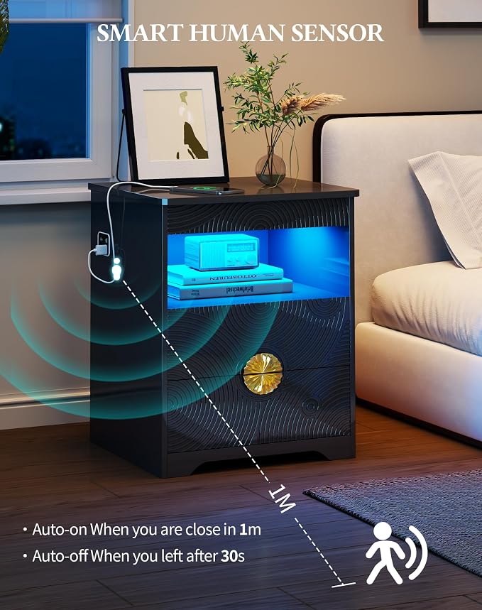 LED Nightstand Set 2 with Gun Drawer & Charging Station | 3-Color Lights & Human Body Sensor, Smart Charger Station, 2 DrawersHidden Storage, End Table Bedroom Livingroom