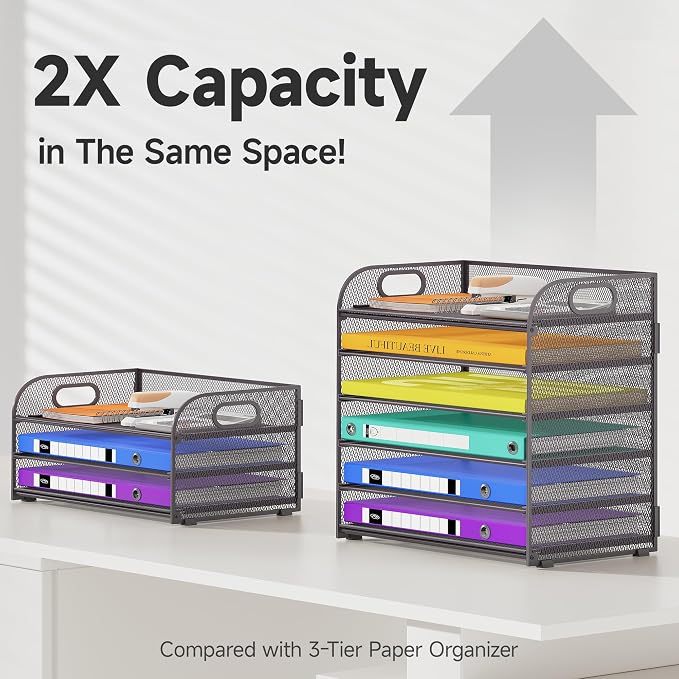 Cawukege 6 Tier Paper Organizer with Handle, Metal Desk Organizer Mesh Paper Letter Tray Desktop File Folder Document Sorter for Classroom, School, Office Accessories Storage (1, 6 Tier - Gray)