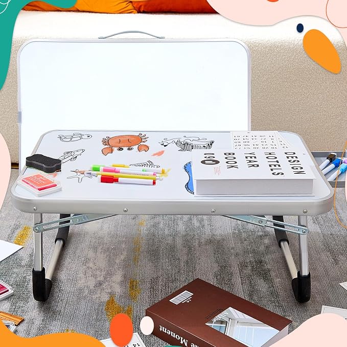 Suzile 1 Pc Portable Lap Desk with Dry Erase Board, 24" x 16" Foldable Study Tray with Drawer, Markers & Eraser, Whiteboard for Art, Homework, First Day & Back to School Supplies
