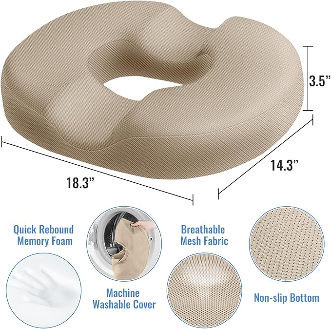 CloudBliss Donut Pillow Seat Cushion Chair Pad for Tailbone Pain Relief and Hemorrhoids, Memory Foam Seat Chair Cushion for Men and Women for Home & Office, (Khaki-XL)