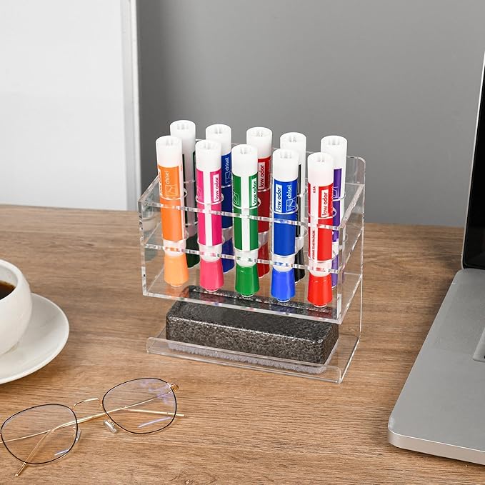 Dry Erase Marker Holder, Wall Mounted Acrylic Marker Holder with 10 Slots, Sticky Pen Storage for Classroom Organization, Office, Whiteboard, Desk Locker Organizer Accessories, Clear