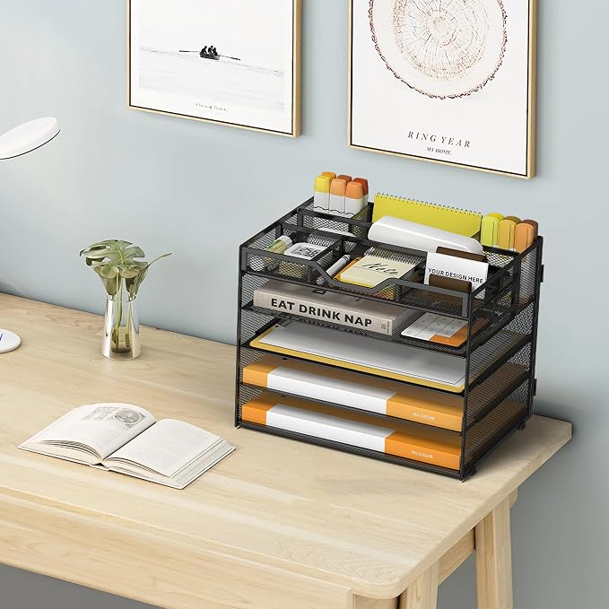 5 Tier Paper Letter Tray Desk Organizer with Pen Holders - Black | Features 3 pen holders and 4 removable dividers.Versatile mesh desktop storage for mail, document,office supplie