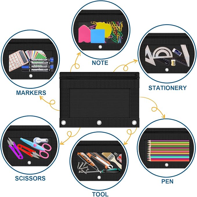 Pencil Pouch for 3 Ring Binder, 24 Pack Pencil Bags with Zipper, Black Pencil Case for Classroom School Office Supplies, Large Sturdy and Durable Cloth Pencil Pocket for 3 Holder Binder