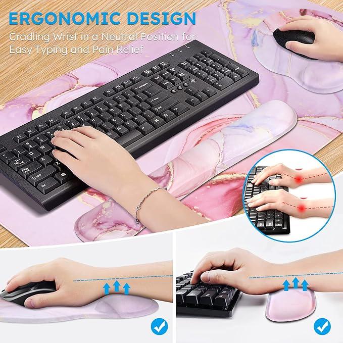 iCasso Glitter Marble Computer Mat 35.4"x15.7", Table Mat for Gaming | Elegant Home Ergonomic Desk Pad with Keyboard Wrist Rest, Mousepad Set for Students Computer Office Workspace Area