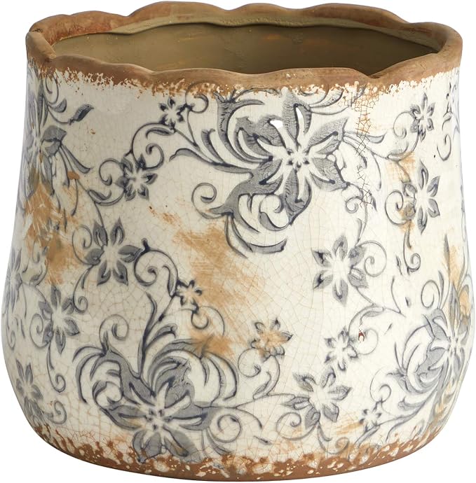 Nearly Natural 7 in Tuscan Ceramic Gray Scroll Decorative Planter | Artisanal Style, Quality Ceramic, Indoor Home, Shelf, and Table Decor