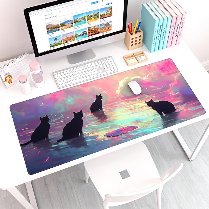 Anime Black Cat Gaming Mouse Pad, Blue Pink Dreamy Desk Mat with Anti-Slip Base & Stitched Edges,35.4" x 15.7" in Table Mat for Computer Desktop, Beautiful Workstation Decor