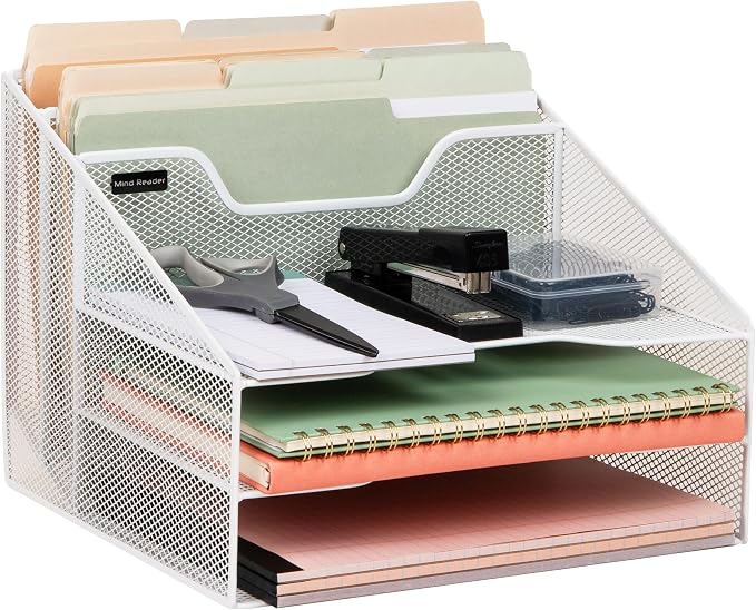 Mind Reader Metal Mesh Desktop File Organizer, 3-Tier Paper Tray with 5 Compartments, Office Mail Sorter, White