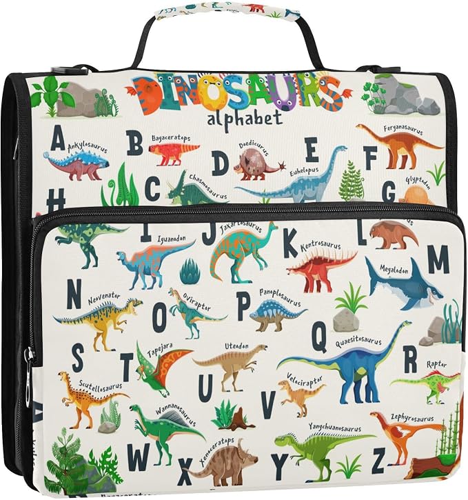 Personalized Dinosaur Alphabet 3 D-Ring Binder Bag Zipper Organizer | Multi-Pocket with Handle and Detachable Shoulder Strap Holds 500 Sheets for School Office Supplies