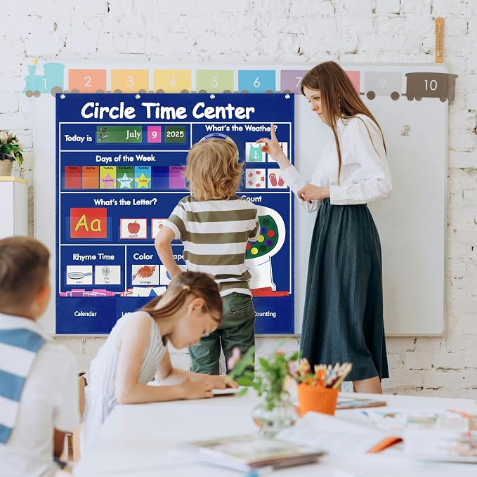 Circle Time Learning Center Classroom Pocket Chart, Educational Teaching Materials with Cards for Preschool, Learning Calendar Weather Letter Rhyme Color Shape Counting Number etc, Blue