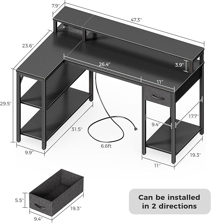 SUPERJARE 47 inch L Shaped Gaming Desk with LED Lights & Power Outlets, Reversible Computer Desk with Shelves & Monitor Stand, Corner Desk with Drawer, for Home & Office, Carbon Fiber Black