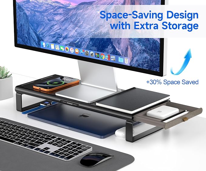 YICOSUN Monitor Stand HUB - Aluminum Riser with 6-in-1 Docking Station: 4K HDMI, USB-C, USB 3.0, PD 100W, Wireless Charging, Drawer Organizer - Black