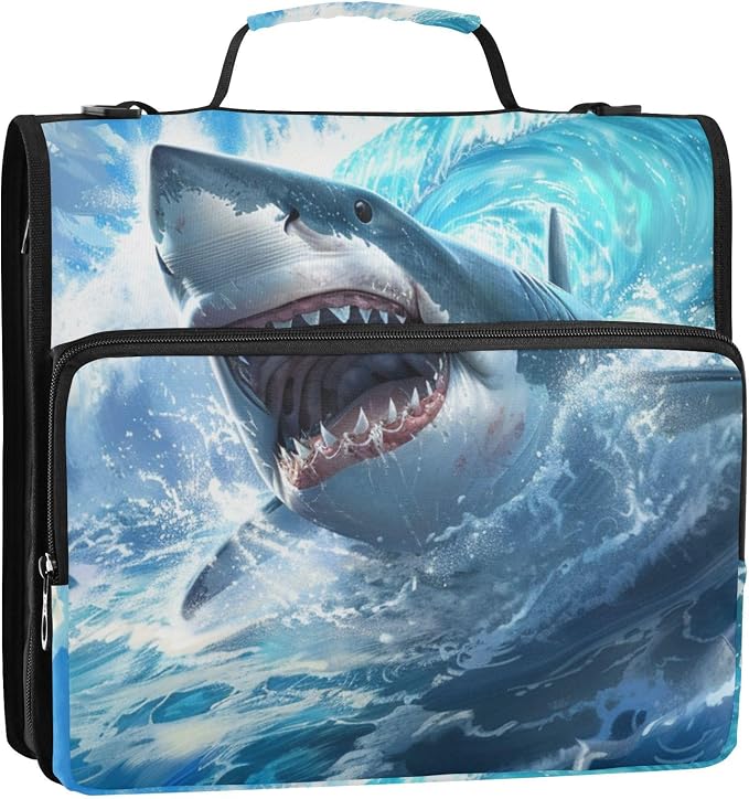 Cute Shark Blue Ocean Wave 3 Ring Binder Bag 1.5 inch Binder Organizer with Zipper Shoulder Strap 500 Sheet Documents Storage for School Office