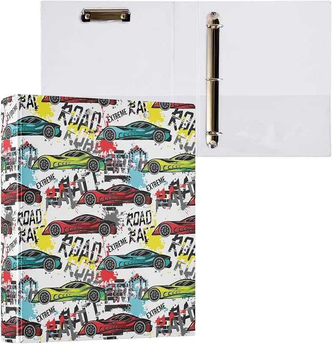 Roadster Car Round Ring Binders 1.5 Inch Sports Racing Car 3 Ring Clipboard Binder for Office School Work Supplies File Folder Document 200 Sheet Capacity Easy Open