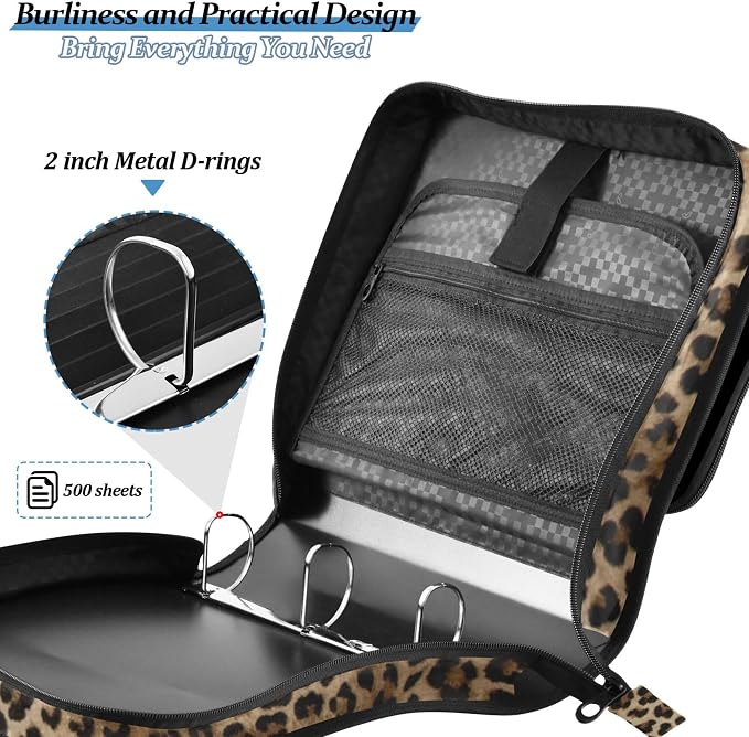 Fisyme Leopard Print Zipper Binder 3 Ring with Zipper and Shoulder Strap Large Capacity Multi-Pocket Binder Organizer