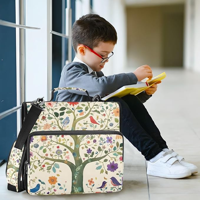3 Ring Zipper Binder with Shoulder Strap Tree Life Birds Floral 1.5 inch Binders Keeper Large Capacity Multi Pockets for School Office Supplies