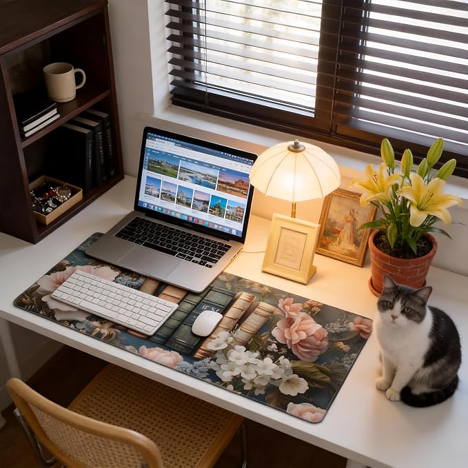 Floral Aesthetic Book Gaming Mouse Pad, Morandi Rococo Desk Mat with Anti-Slip Base & Stitched Edges, Office & Home Desk Decor for Women, 35.4" x 15.7" in Computer Desktop Mat