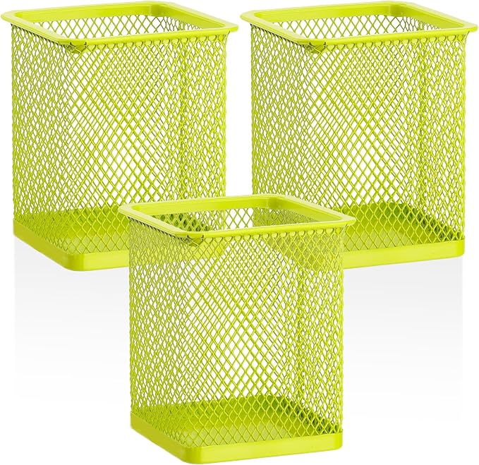 Segarty Pen Cup Holder, 3 Pack Square Light Green Pen Holder for Desk, Cute Mesh Pencil Cups Container Set Desktop Organizer for Office Supplies, School Classroom, Home Storgae and Organization