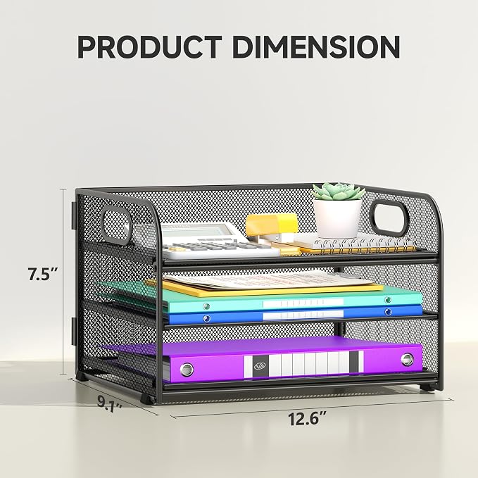 Cawukege 2 Pack 3 Tier Paper Organizer with Handle, Metal Desk Organizer Mesh Paper Letter Tray Desktop File Folder Document Sorter for Classroom, School, Office Accessories Storage (2, Black)