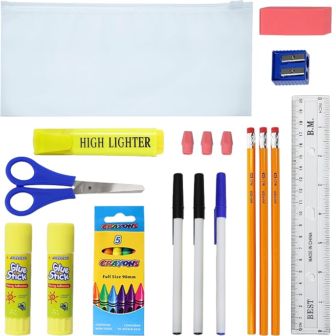 Moda West 48 Pack Bulk School Supplies 22 Piece Kit - Essential Box of School Supplies Kit with Pens, Pencils, Crayons, and More for Elementary, Middle, and High School Students