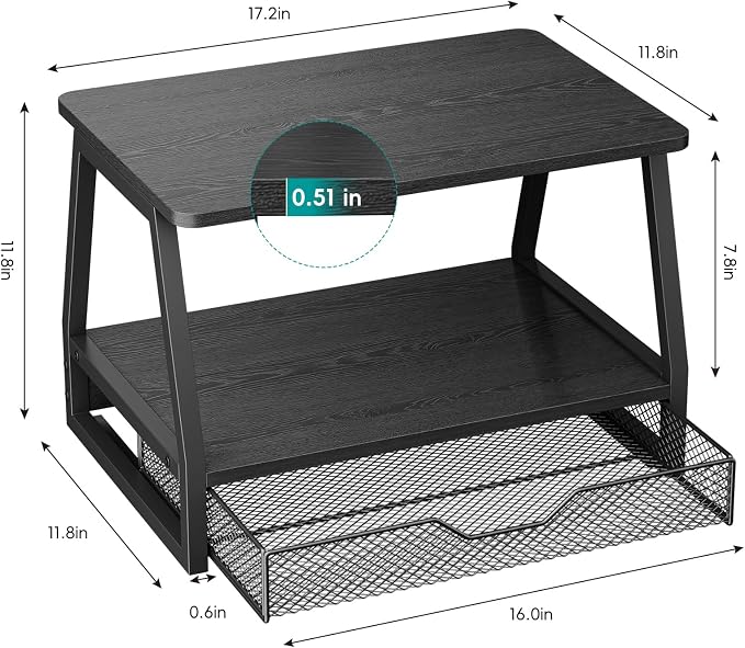2-Tier Printer Stand with Storage, Desktop Organizer for Printer Paper, Desk Shelf for Office and Home Printers‌ Tables, Black