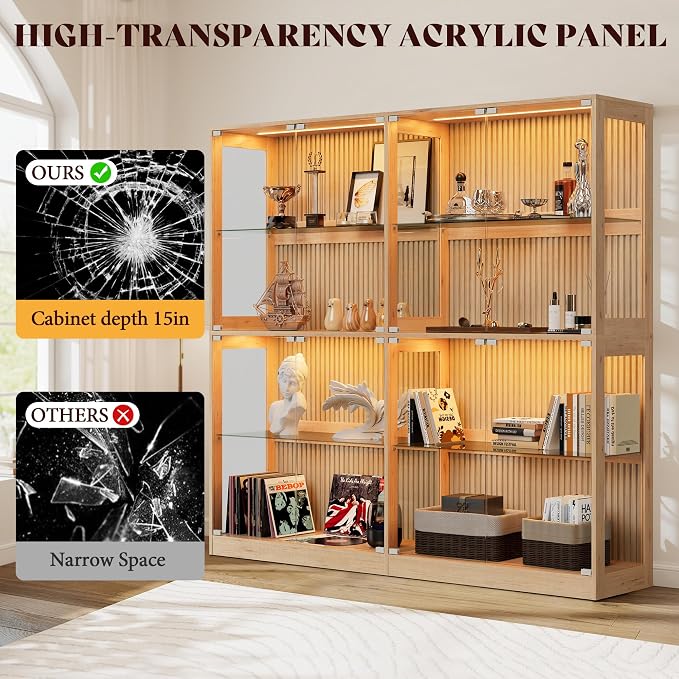 AMERLIFE 75-Inch RGB Display Cabinet with Glass Shelves | 70 H x 75 W x 16 D In, 4-Tier Storage, RGB LED Lights, Press-to-Open Doors, for Collectibles, Wood-Grain Slatted Finish