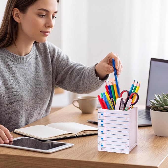 Crtiin 6 Pcs Notebook Shaped Pencil Holder for Back to School Decor | Classroom Office Desktop Decor, Wooden Dispenser Stationery Storage Container for First Day of School, Teacher Students Gifts