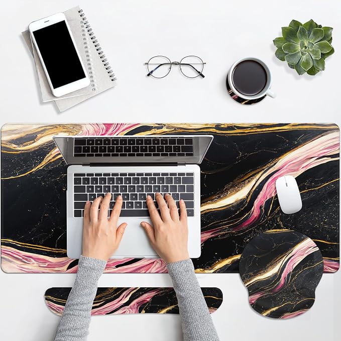 Keyboard Mouse Pad Set, 4 in 1 Desk Mat Set, Pink Black Marble | Gold Large Mousepad+Keyboard Wrist Rest+Mouse Wrist Rest+Coaster Ergonomic Design for Home Office Computer