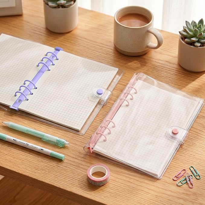 A5 Binder 6 Ring, Clear PVC Notebook Cover, Refillable Planner | Loose Leaf Budget Binder with Snap Button Closure, Round Ring Binder for School Office Home, 2 Pack, Purple and Pink