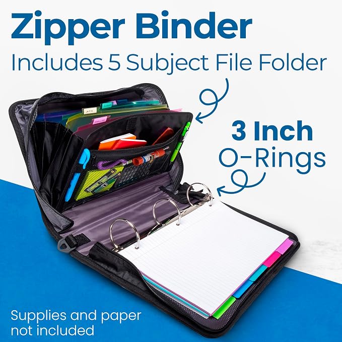 Case-it The Mighty Zip Tab Zipper Binder - 3 Inch O-Rings - 5 Color Tab Expanding File Folder - Multiple Pockets - 600 Sheet Capacity - Comes with Shoulder Strap - Jet Black D-156-N (Pack of 3)