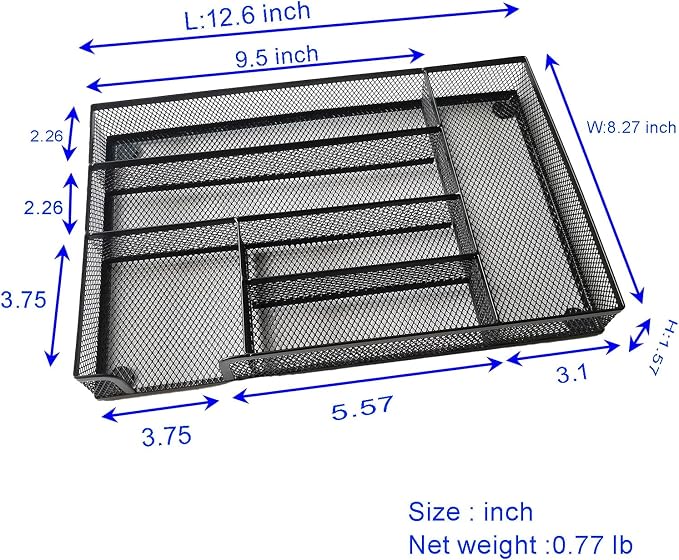 Desk Drawer Organizer Metal Mesh Drawer Organizer Tray for Office School or Home Supplies Desktop Storage Stationery, 6 Compartments, 12.6 x 8.27 x 1.57 inch，Black (2pc pack)