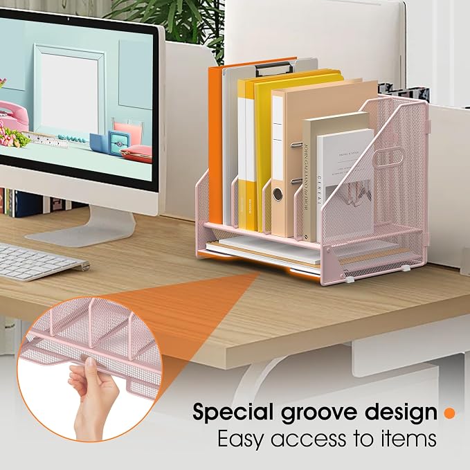 4 Vertical Mesh Desk Organizer with Paper Letter Tray, Pink | Sorting racks with lower letter tray section. Multipurpose mesh desktop space saver for home office and school
