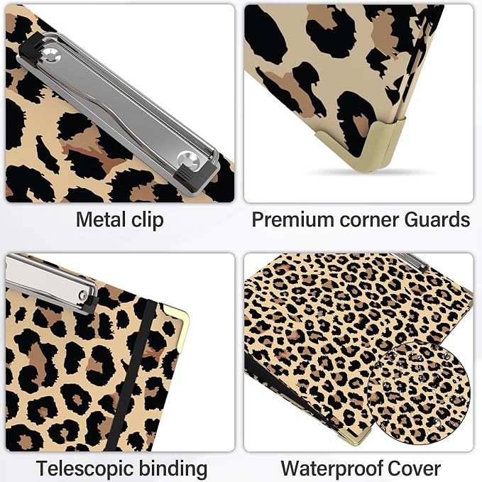 3 Ring Binder 3 Inch Round Ring Binder with 6 Tab Dividers，2 Interior Pockets，Cute Binder Clipboard with Storage, for School Office, Portfolio Organizer with Labels(Cheetah Spots)