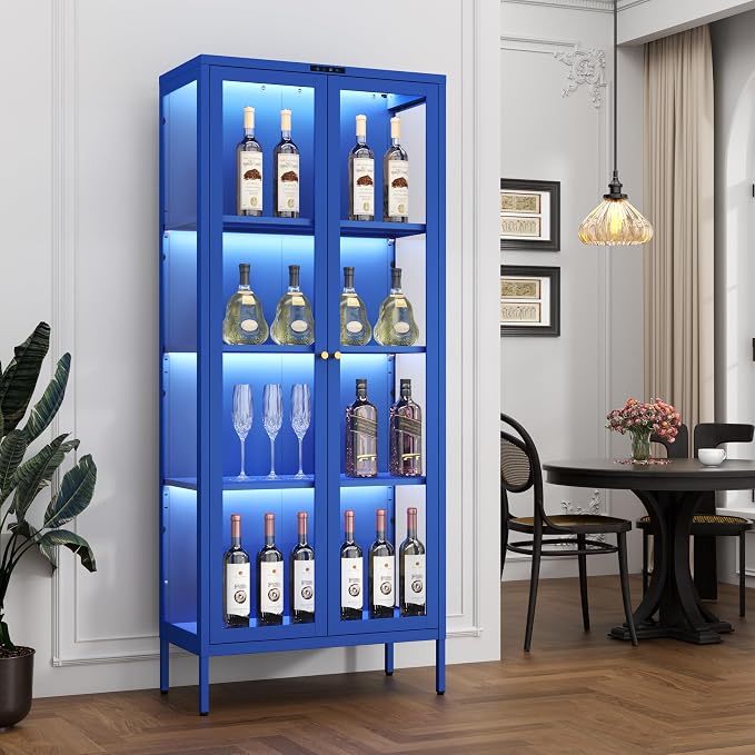 Polup 66" Blue Glass Display Cabinet with 8-Color LED for Collectibles | Metal Frame & Tempered Glass Doors, 3 Adjustable Shelves, Motion Sensor LED,4-Tier Space, for Indoor Plants & Figures