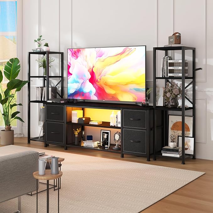 Yenlure LED TV Stand Bookshelf Combo with Charging Station for 65 60 55 Inch TV, Entertainment Center with Lights & Drawers, Industrial Media TV Console Table for Living Room Bedroom Office, Black