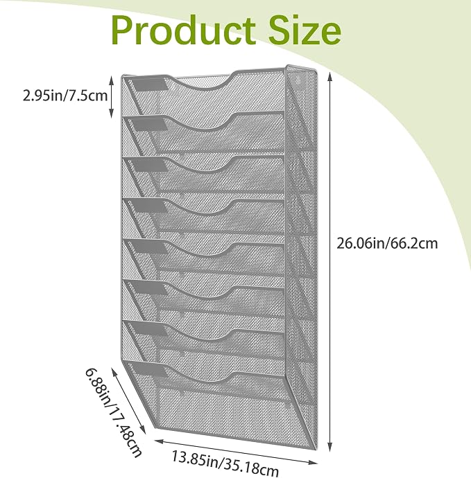 EasyPAG 8 Pocket Mesh Wall File Organizer, Hanging Paper Folder Holder with Classify Label, Vertical Wall Mount Mail Organizer for Office Home Classroom, Silver