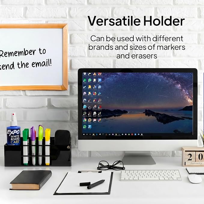 Strong magnetic dry-erase whiteboard holder, 8-slot acrylic pen organizer with glass and wall mounting hardware for refrigerator, office, and classroom. Markers, Eraser, Cleaner Not Included (Black)