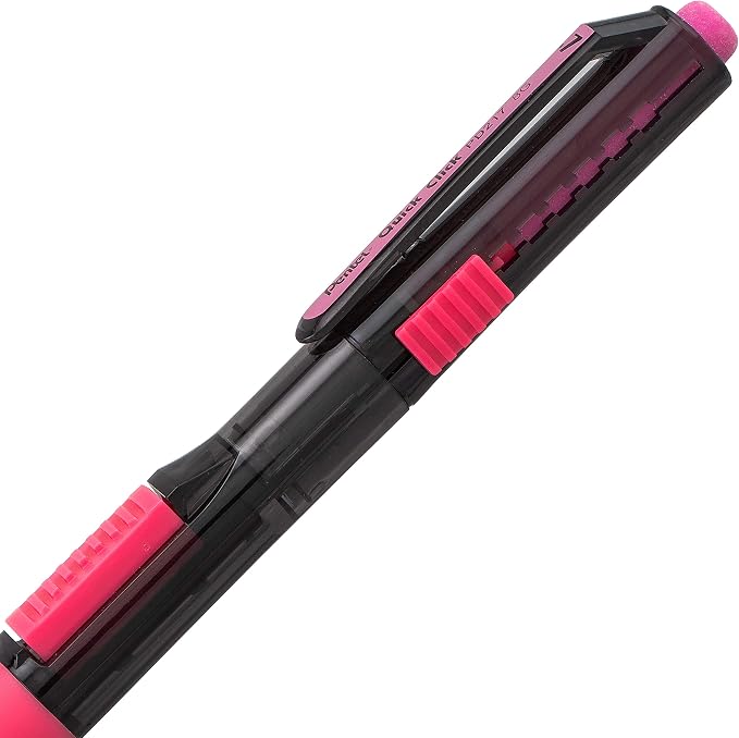 Pentel Quick Click Pop Mechanical Pencil, (0.7mm) Medium 2B Lead, Black Barrel W/Pink Trim Box of 12 (PD217AP)