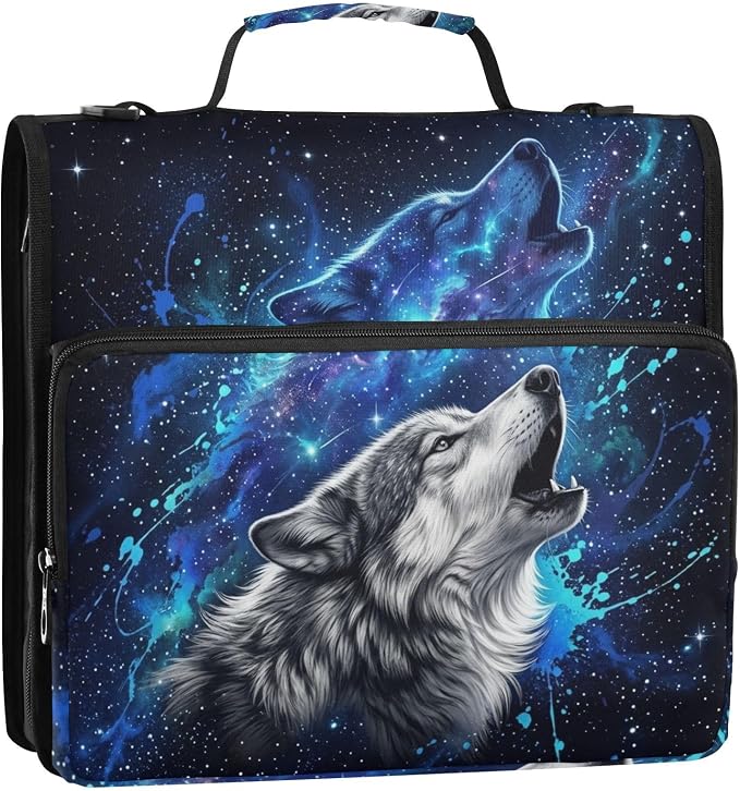 Wolf Space Star Print 3 Ring Zipper Binder with Shoulder Strap & Handle 2 Inch D-Ring Zippered Binder Bag with Multiple Pocket & Pencil Pouch, Binder Organizer for School or Office