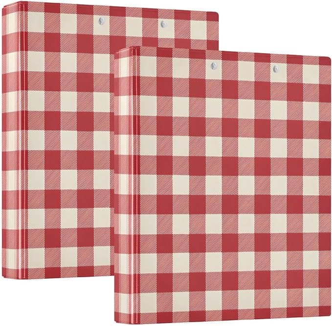 Cherry Red Gingham 3 Ring Binders, Round Rings, Holds 200 Sheets, 1.5 Inch 3 Ring Binders with 3 Interior PVC Clear Pockets and Anti-Slip Metal Clip